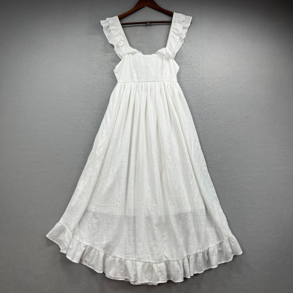 Entro Dress Women Small White Ruffle Maxi Boho Summer Tie Back Sun Coastal Beach